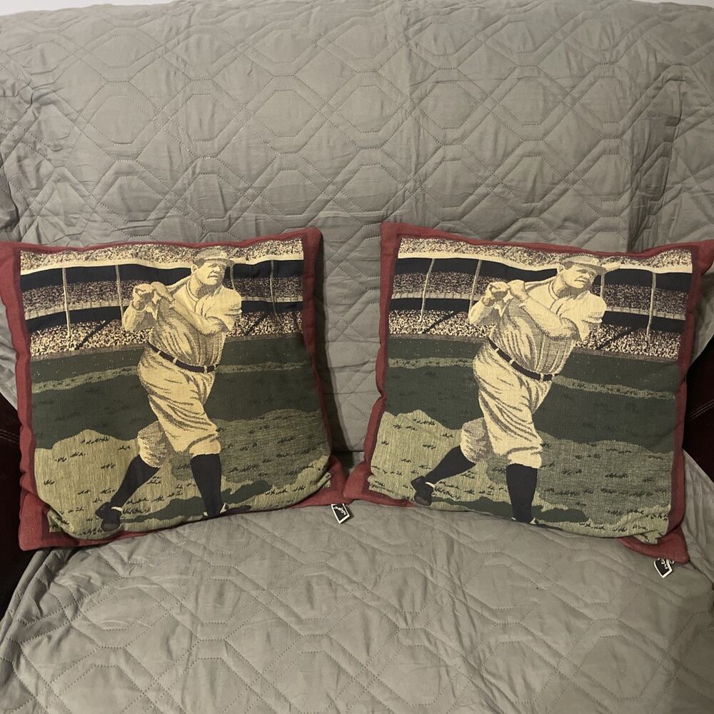 Set Of 2 Vintage Tapestry Pillows Featuring NY Yankee Babe Ruth Burgandy Trim